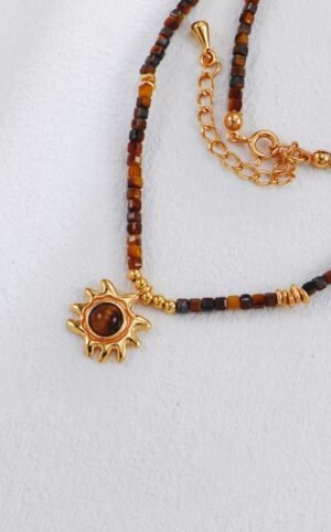 Vintage S925 silver sun pendant necklace with golden tiger eye stone.